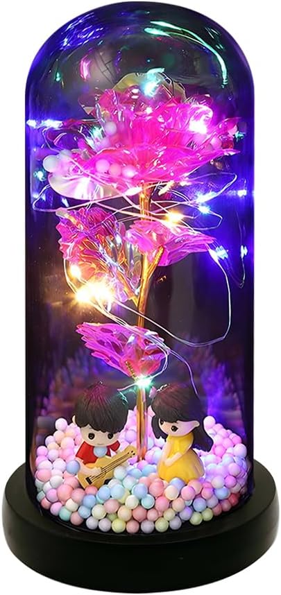 ライトアップフォーエバーローズ カラフルな永遠の花 彼女へのロマンチックな記念日の装飾 寝室用 ABSアクリルドーム ママ用 レッド/ホワイト ブルーラ (ローズレッド)
