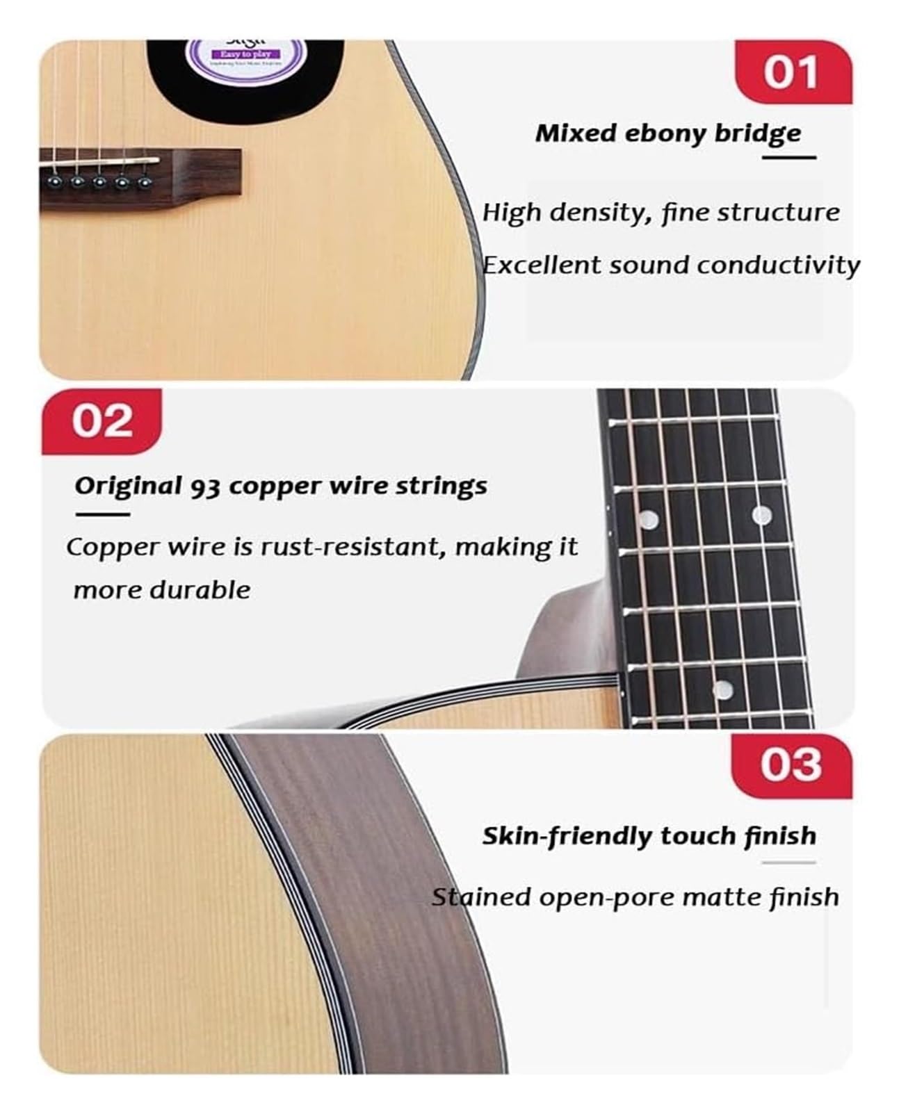 Chitarra acustica, corpo da concerto a spalla mancante, consigliato per persone più alte di 160 cm (nero)