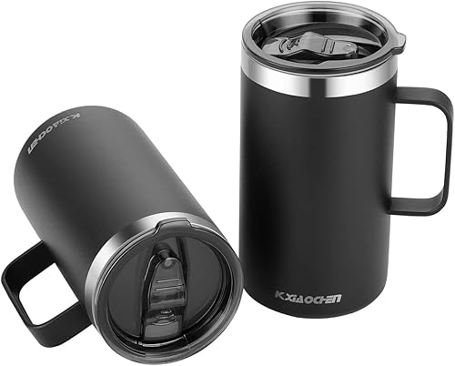 Miniatura 1 de KXIAOCHEN Taza de café aislada de 20 onzas con tapa, taza de café de acero inoxidable, vaso de café al vacío de doble pared con asa, taza de café