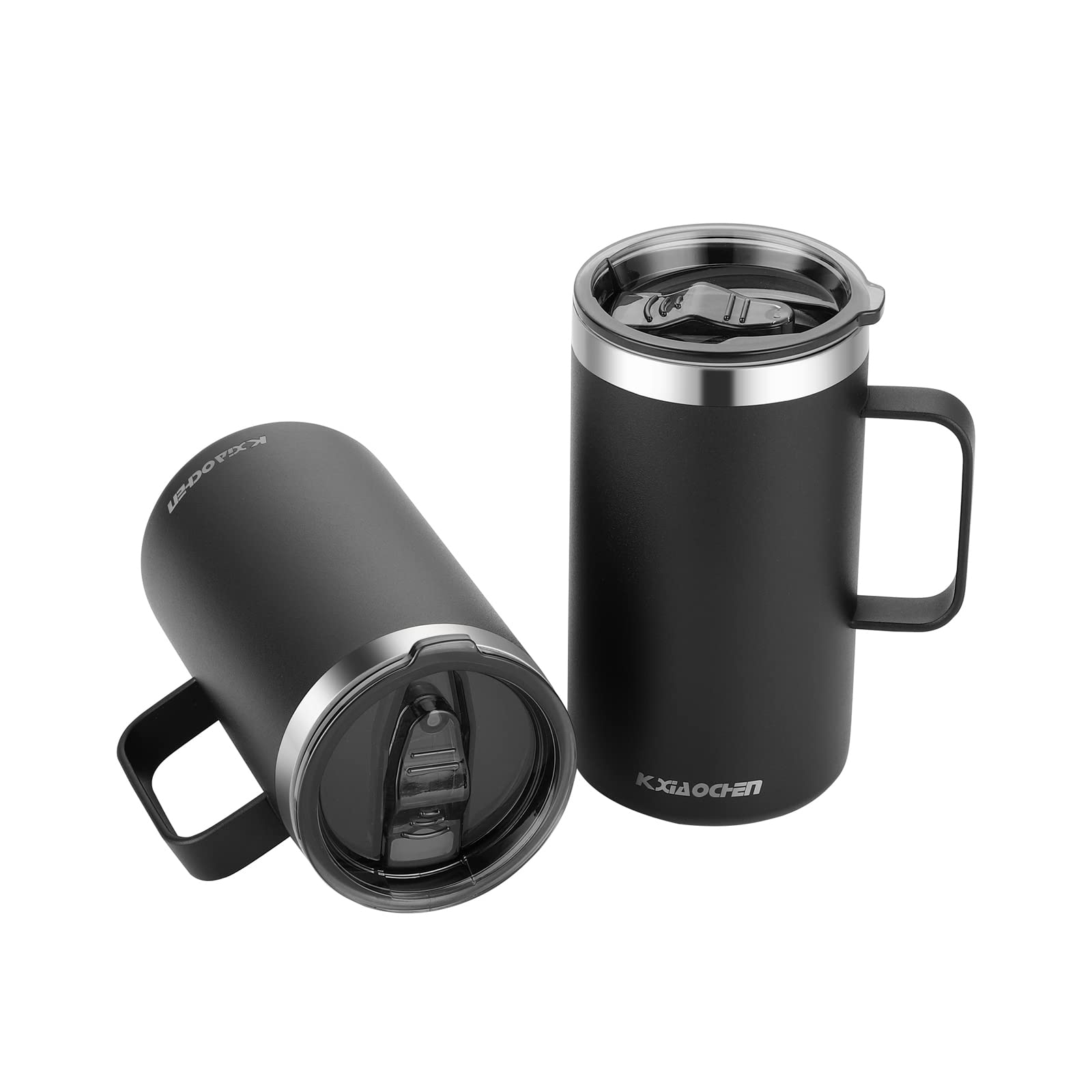 KXIAOCHEN 20oz Insulated Coffee Mug with Lid, Stainless Steel Coffee Cup, Double Wall Vacuum Coffee Tumbler with Handle, Premium Thermal Travel Coffee Mug (Black 2Pack)