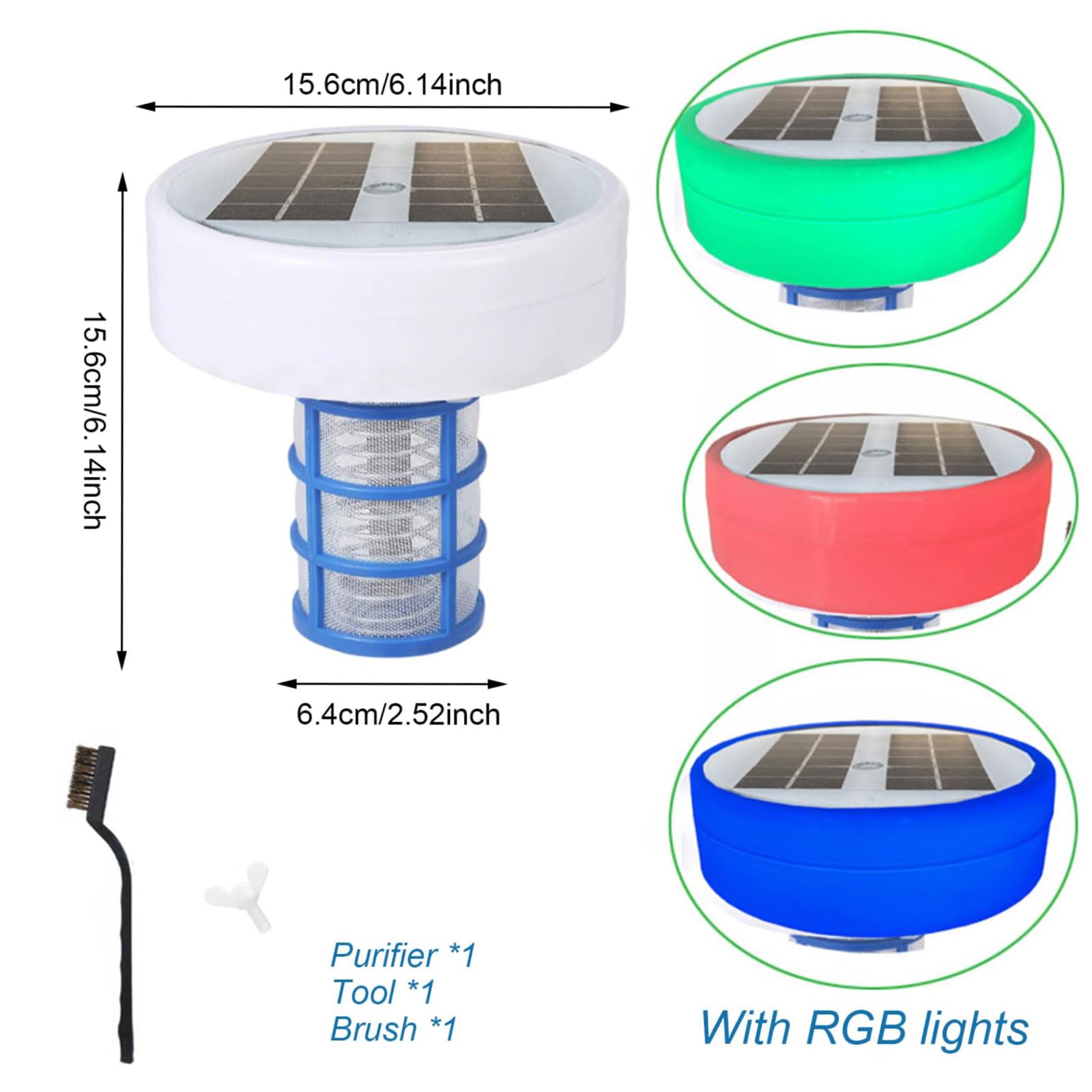 Ionizzatore per Piscina in Rame, Depuratore d’Acqua Galleggiante ad Energia Solare con Luci LED Multicolori e Spazzola, Controllo Ecologico delle Alghe, Purificatore Solare per Piscine per Spa ad