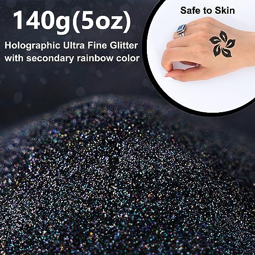Black Ultra Fine Glitter, 5oz /140g Cosmetic Holographic Glitter for Hair Face Body Eye Nail Art Festival Epoxy, Resin Crafts - Image 2