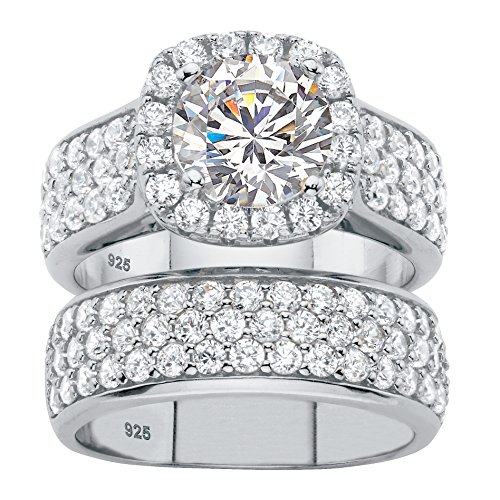 Platinum over Sterling Silver Round Cubic Zirconia 2 Piece Wide Band Halo Bridal Ring Set Size 8