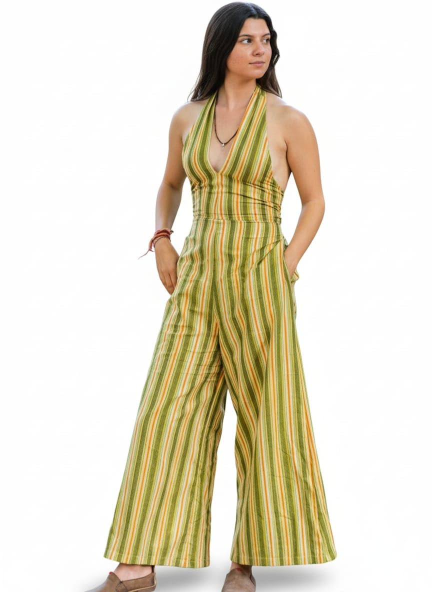 CRYSTALHEAL Srivani Women’s Jumpsuit – Elegant Cotton One-Piece Outfit with Colorful Stripes Print | Comfortable, Stylish & Versatile-image-1