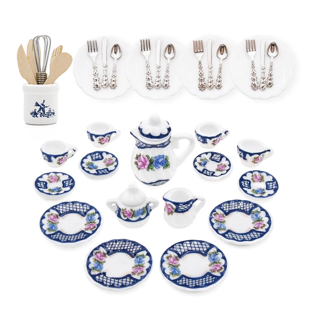 Odoria 1/12 Scale Dolls House Miniature Tea Sets 15Pcs Plates and Cutlery Set Kitchen Utensils Dollhouse Accessories, Blue Blossom
