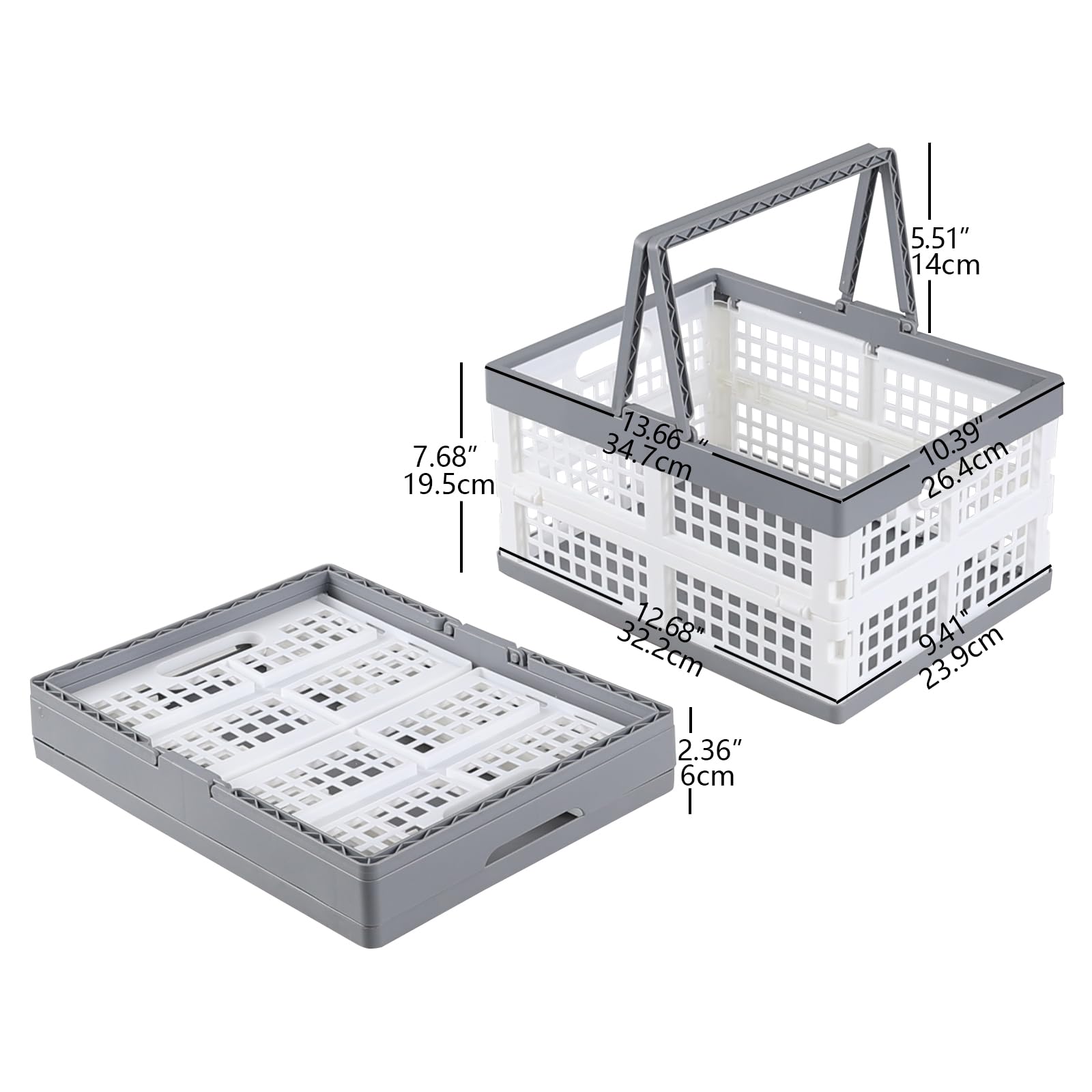 15 L cesta de la compra de plástico plegable, paquete de 2 cajas de almacenamiento plegables con asas
