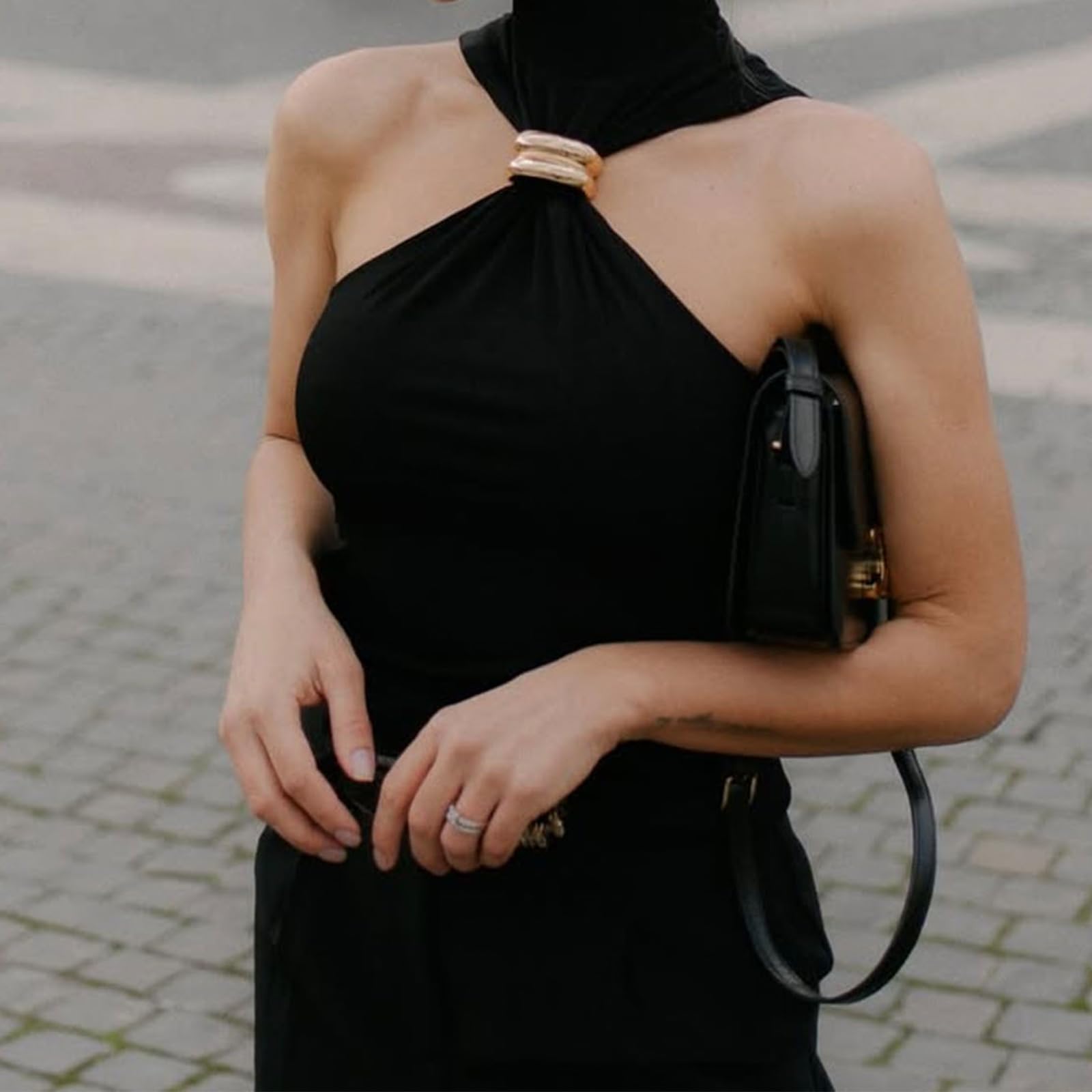Sexy Outfit Top con Cuello Halter para Mujer, diseño de Anillo, Hombros Descubiertos, sin Mangas, Chaleco Ajustado para Salir, Camisetas sin Mangas, Ropa estética