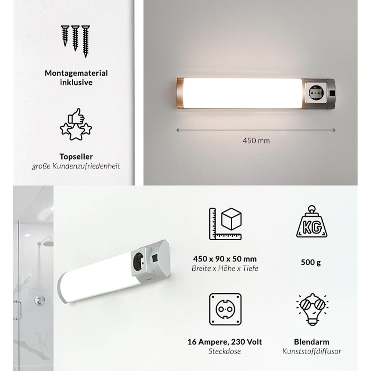 Unterbauleuchte Küche led, Warmweiß 3000 K, 45 cm, Wandleuchte mit Schalter für Küche und Badezimmer, Spiegelleuchte mit Steckdose und Schalter, Badezimmerlampe mit Schalter, Blendarme LED Beleuchtung