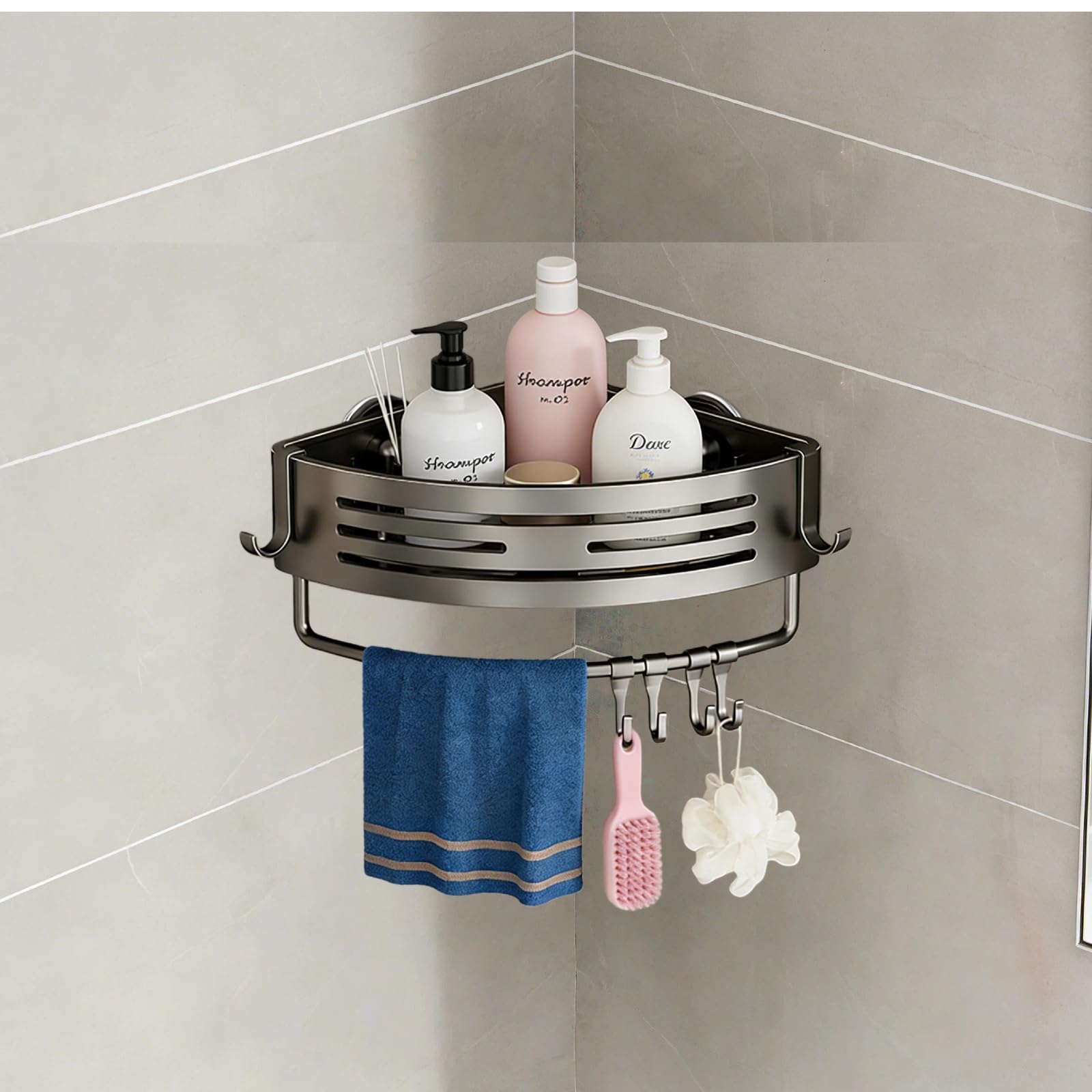 Corner Shower Shelf Caddy Suction Cup No Drill Hole with Towel Bar and Hook Single Layer Bathroom Storage