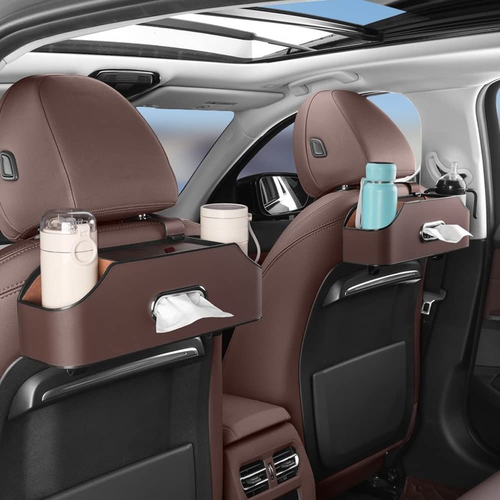 Carodi New Car Rear Seat Poggiatesta multifunzione con portabicchieri, scatola in tessuto, gancio per poggiatesta per bambini e adulti, accessori da viaggio auto (marrone)