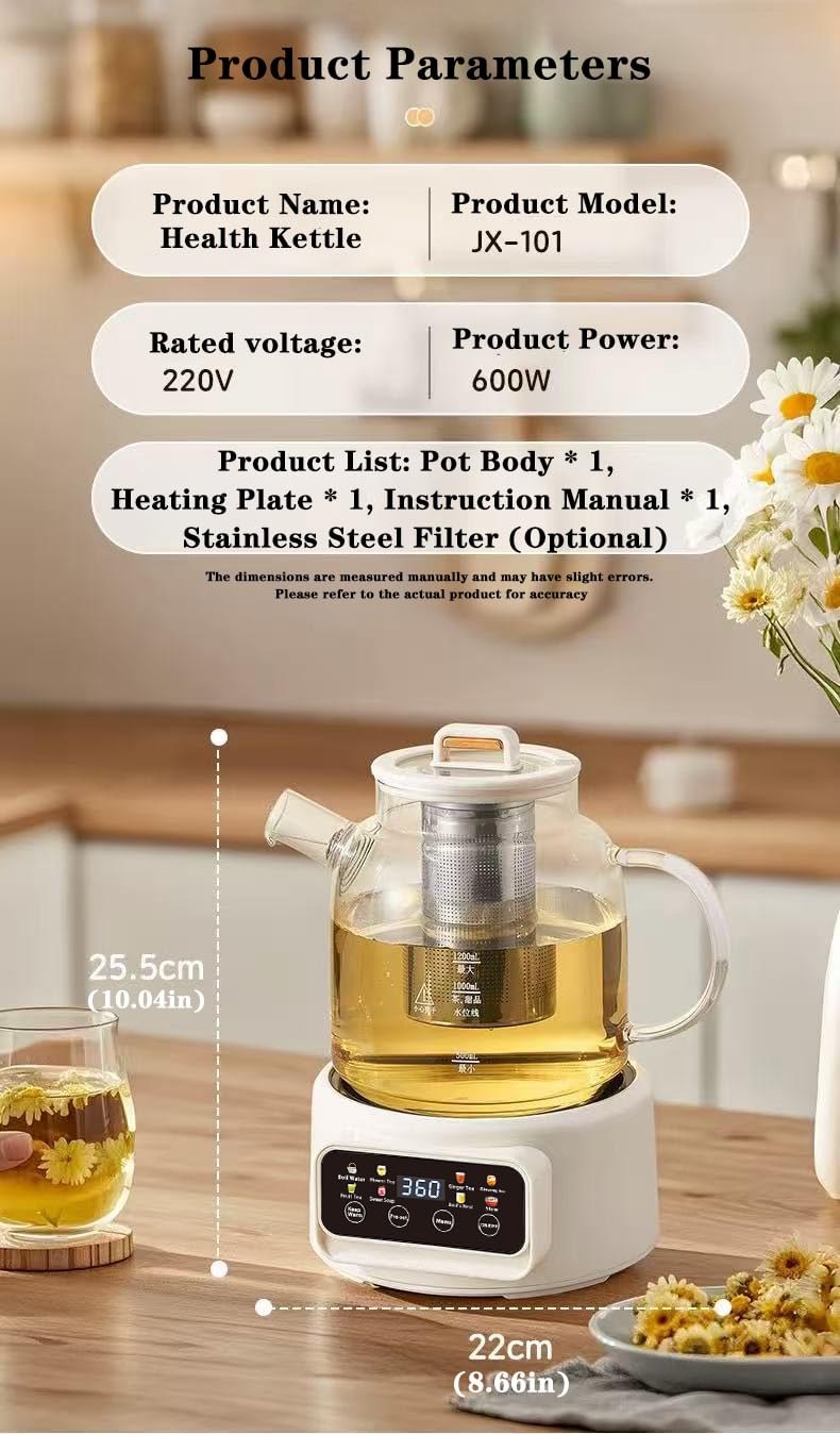 Théière Électrique Multifonction 1200ml, 8 Modes de Préparation, Base Chauffante avec Écran Digital, Carafe en Verre, Blanc