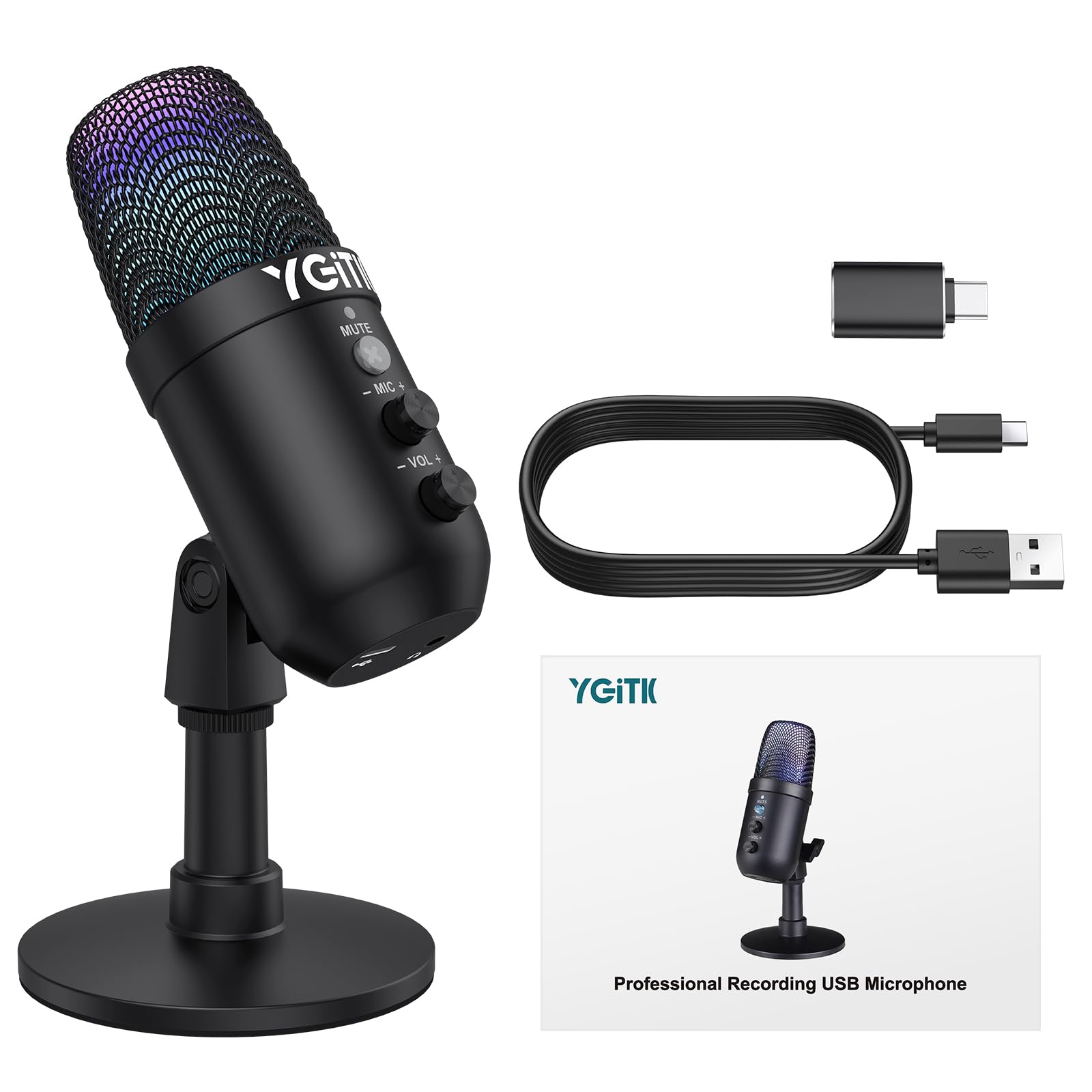 Micrófono USB，Microfono PC Gaming RGB,Reducción Inteligente del Ruido con Audio de 3.5 mm Plug & Play para PC Teléfonos, Canto, Youtube,Facebook TIK Tok Compatible con Mac, Windows