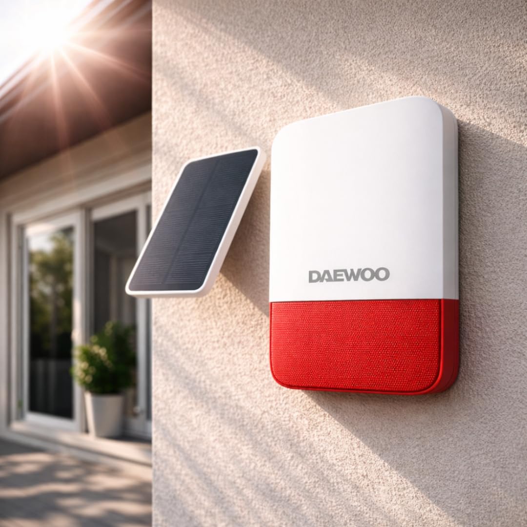 Alarma para casa conectada sin suscripción – Daewoo Security Smart Protect Safety Essential con cámaras HD, Sirena Solar, Detector de Humo y 4 contactores de Puerta – Compatible con Alexa & Google