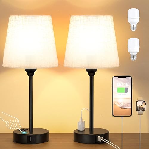 Mini Bedside Lamps for Bedrooms Set of 2 - Nightstand Bedroom Lamps with USB C Port and AC Outlet Charging, Dimmable Touch Small Bed Side Table Lamp, Beige Night Stand Light for Kids/Guest Room