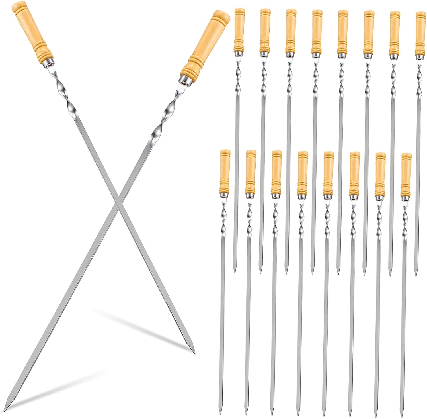 18Pcs Bbq Skewers with Wooden Handle Stainless Steel Flat Sticks for Meat Shrimp Chicken and Vegetables Reusable Grill Accessories for Outdoor Cooking and Picnics