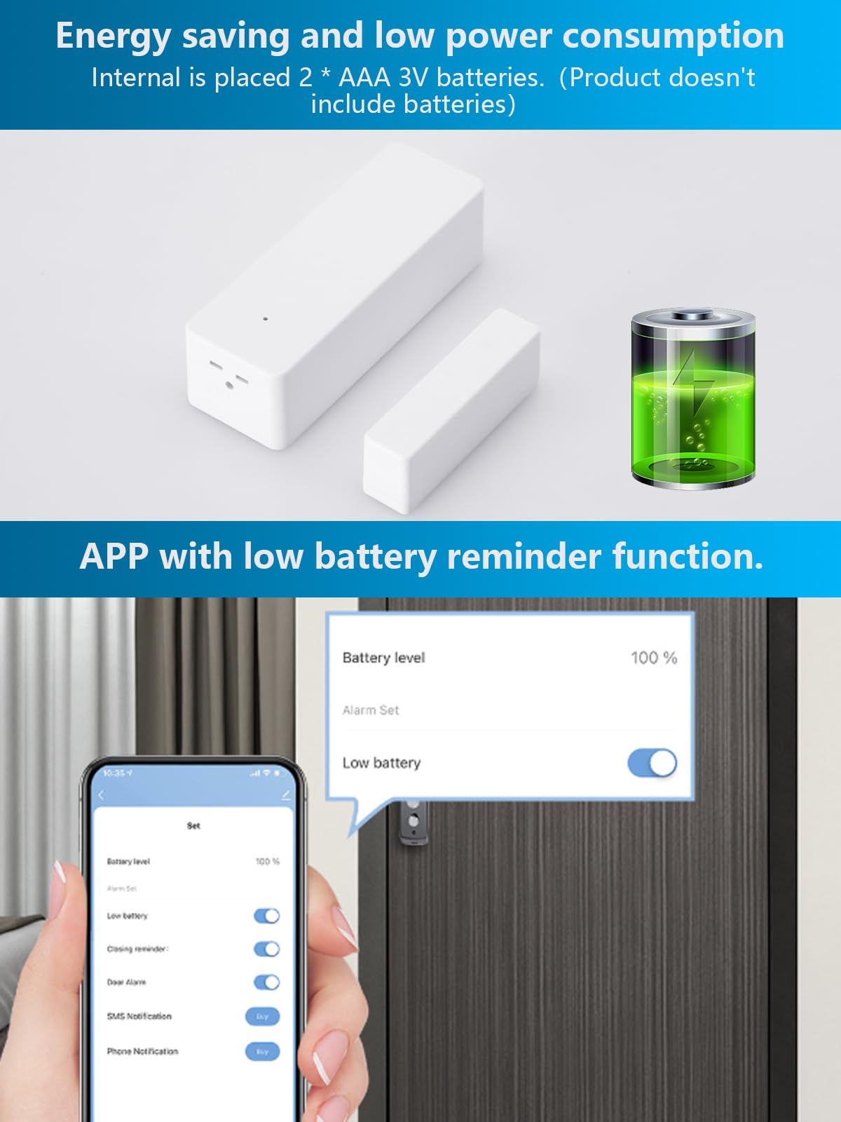 Capteur de porte WiFi, capteur de fenêtre intelligent sans fil, compatible avec Alexa et Google Assistant, notifications en temps réel, installation facile, pas de hub nécessaire