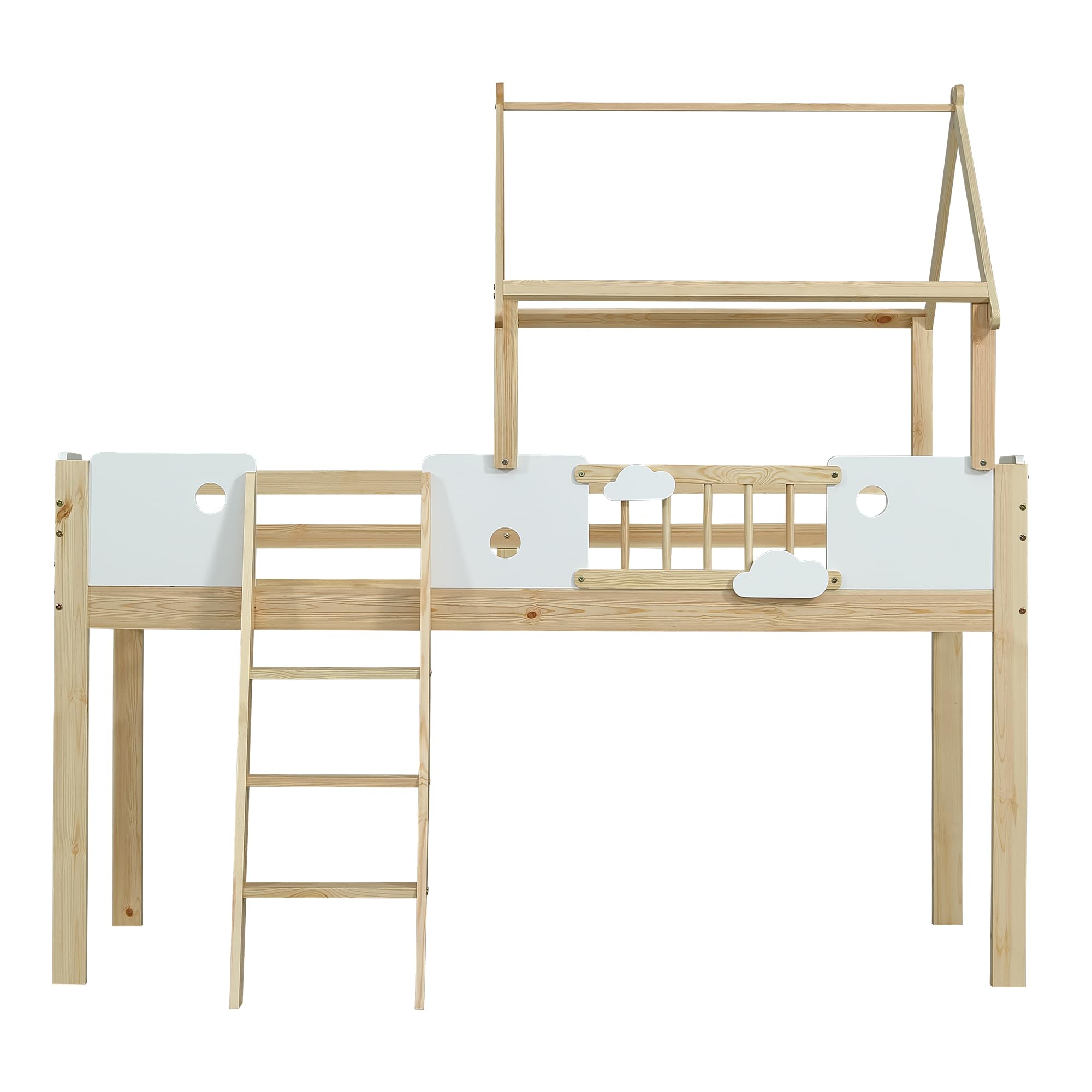 Sapgaks Lit Mezzanine Enfant,Toit au Design Unique, avec échelle inclinée à Trois marches,lit Enfant 90x200cm avec Protection antichute et barrières, Cadre en pin,lit cabane Enfants,(Blanc+Naturel-1)