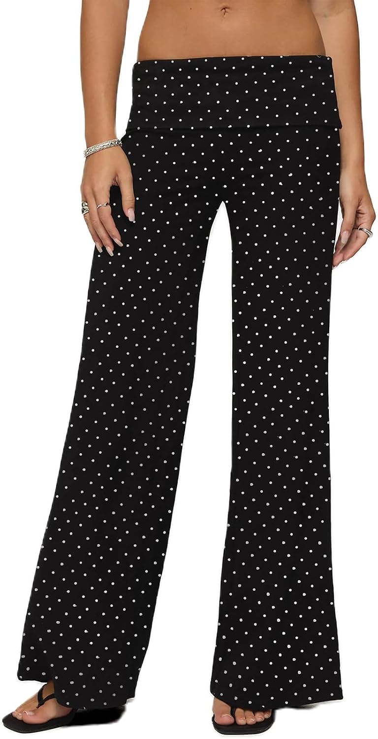 Yoawdats Fold Over Yoga Pants for Women Wide Leg Sweatpants Low Rise Flare Lounge Pant Bell Bottoms Y2K Foldover Pants