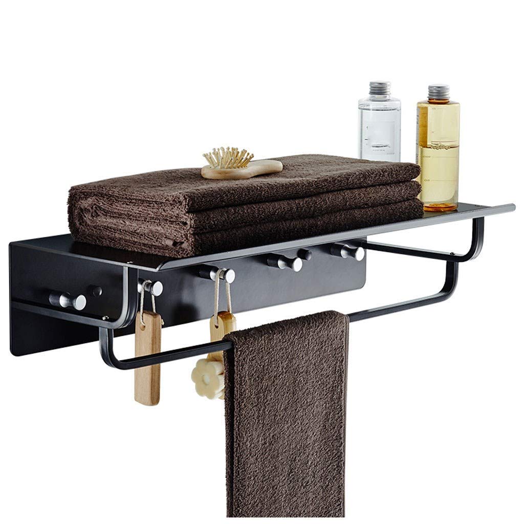 Étagère noire de salle de bain sans perçage étanche avec double barre porte-serviettes robuste