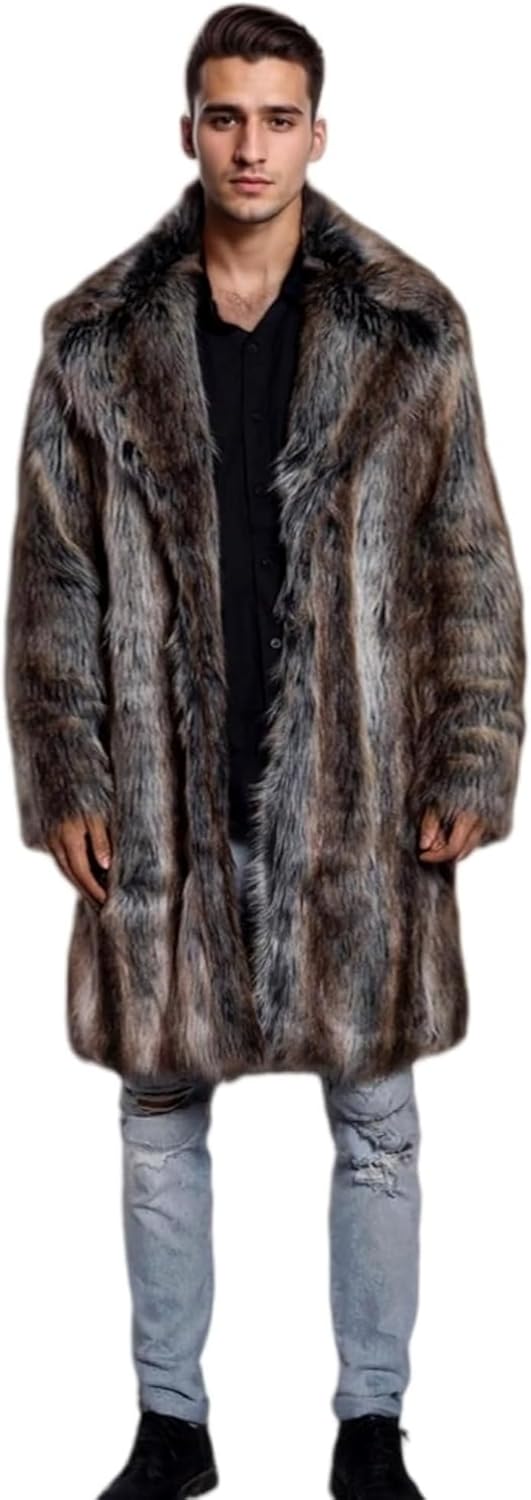 UMREN Mens Warm Leopard Faux Fur Coats Jacket Long Luxury Overwear Parka Cardigans
