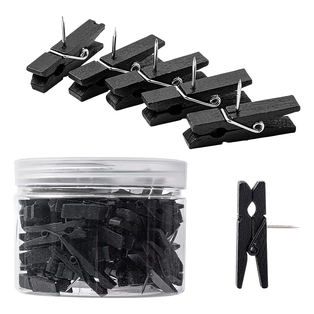JIHUOO 50 Pcs Wooden Push Pins Clips Wood Clips with Thumb Tacks Decorative Pushpin Tacks Thumbtack Paper Clips Bulletin Board Clip Tacks for Cork Board Artworks Notes Photos