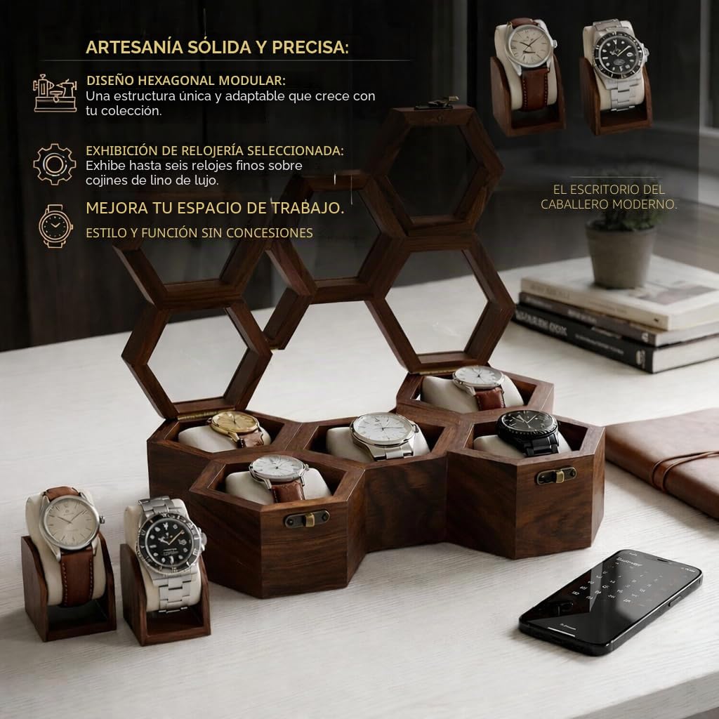 Royal Craft Expertise Caja organizadora de relojes de madera para hombre, 5 ranuras, caja de reloj de lujo de panal | Caja de exhibición de madera de palisandro oscuro y vidrio | Elegante caja de