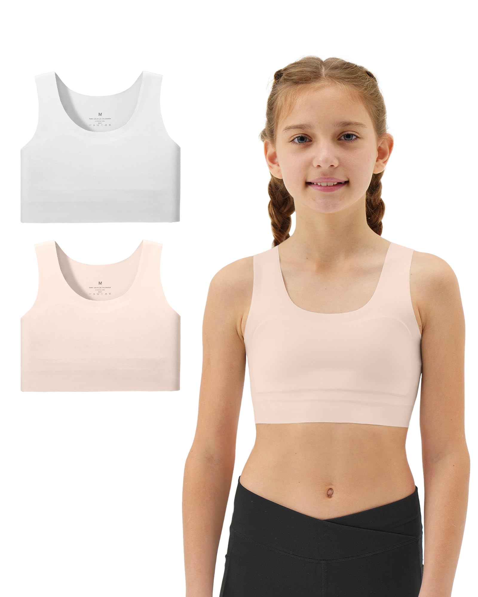 Girls Soft Training Bras 7-12 Seamless First Bra Girls Sports Bras Longline Crop - No Pads, Chest Double Lined