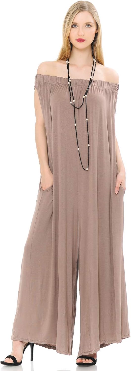 iconic luxe Women's Oversized Off-Shoulder Jumpsuit with Pockets Large Mocha