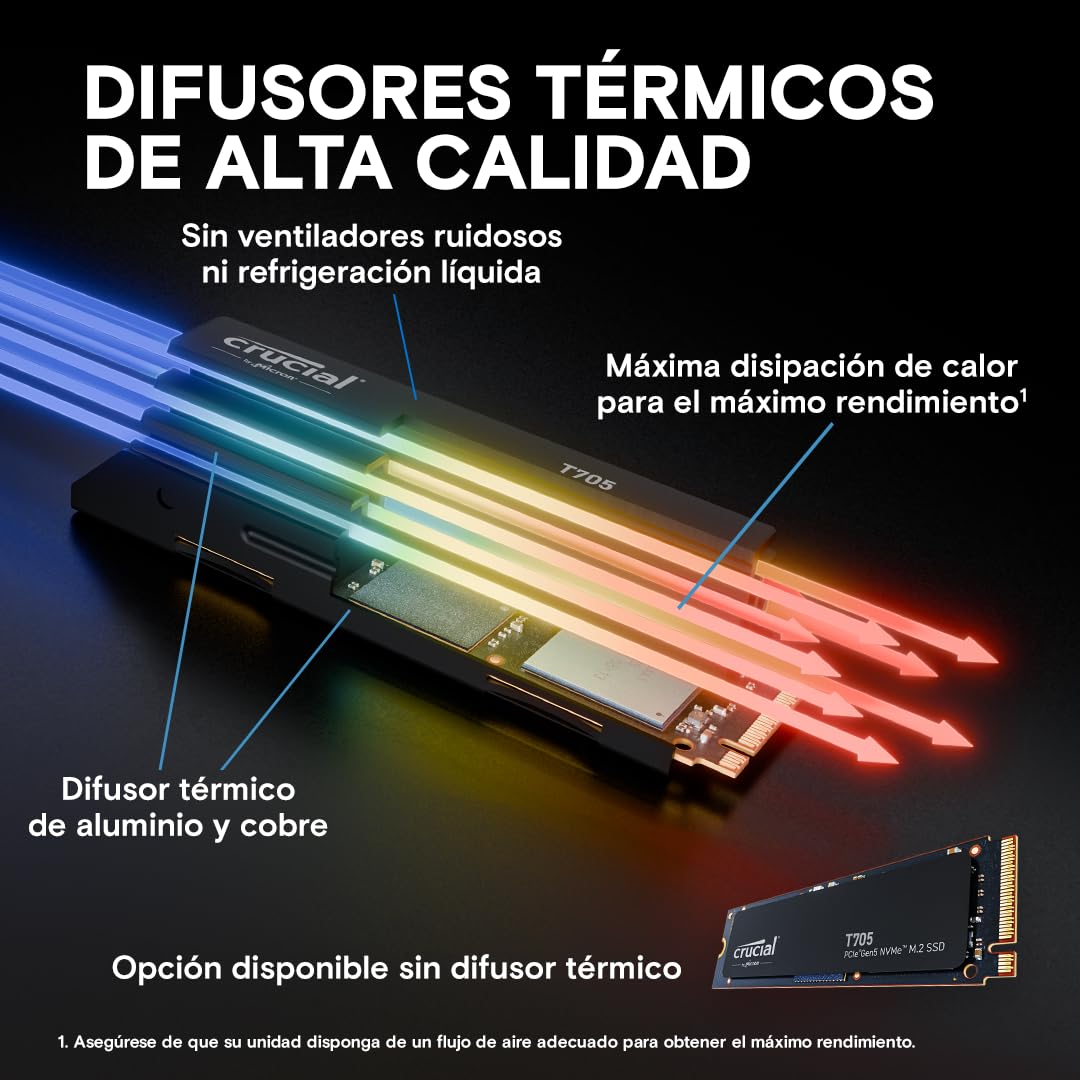 Crucial T705 SSD 2TB PCIe 5.0 x4 Gen5 NVMe M.2 con Disipador, Velocidades de Lectura hasta 14500 MB/s, Escritura 12700 MB/s, para PC de Escritorio, TLC NAND, Disco Duro Interno - CT2000T705SSD5