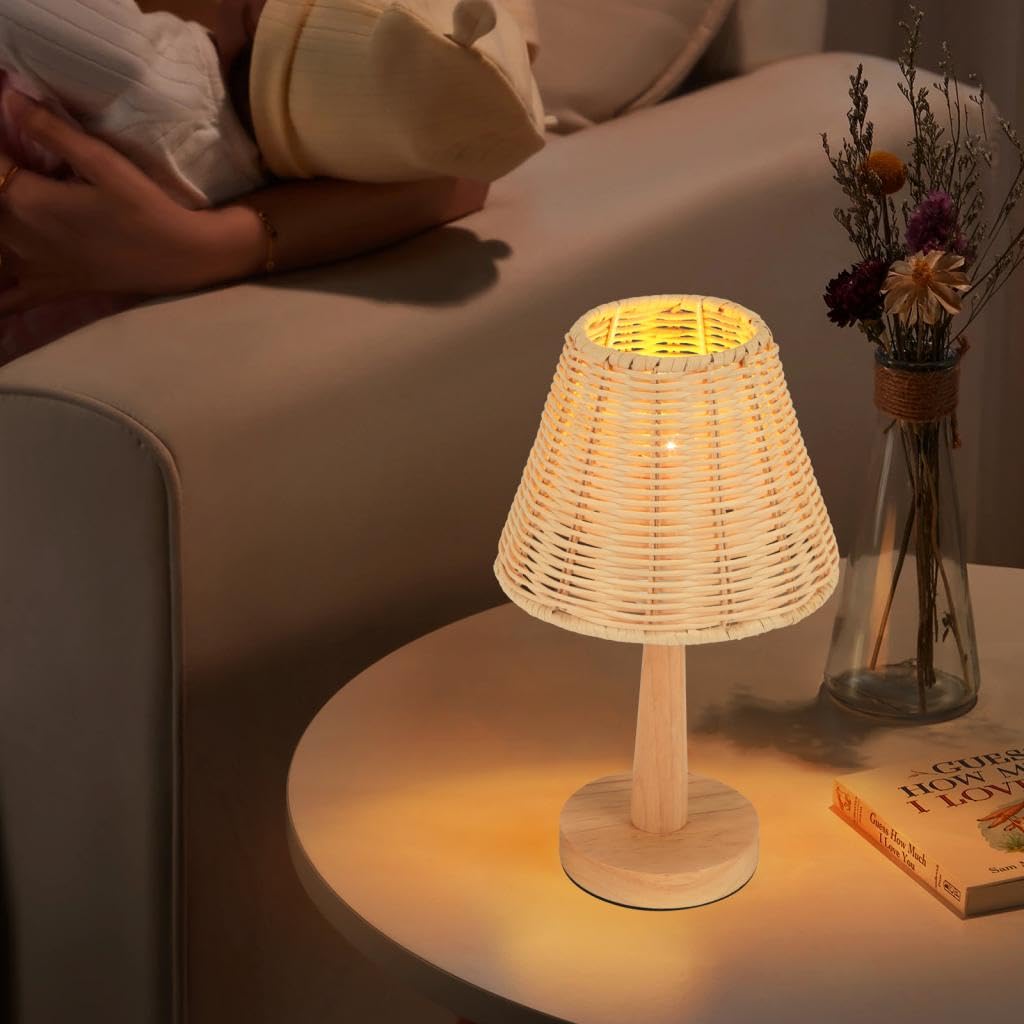 Juego de 2 lámparas de mesa de bambú tejiendo lámpara de noche de madera estilo bohemio iluminación de mesa nocturna decorativa para dormitorio oficina