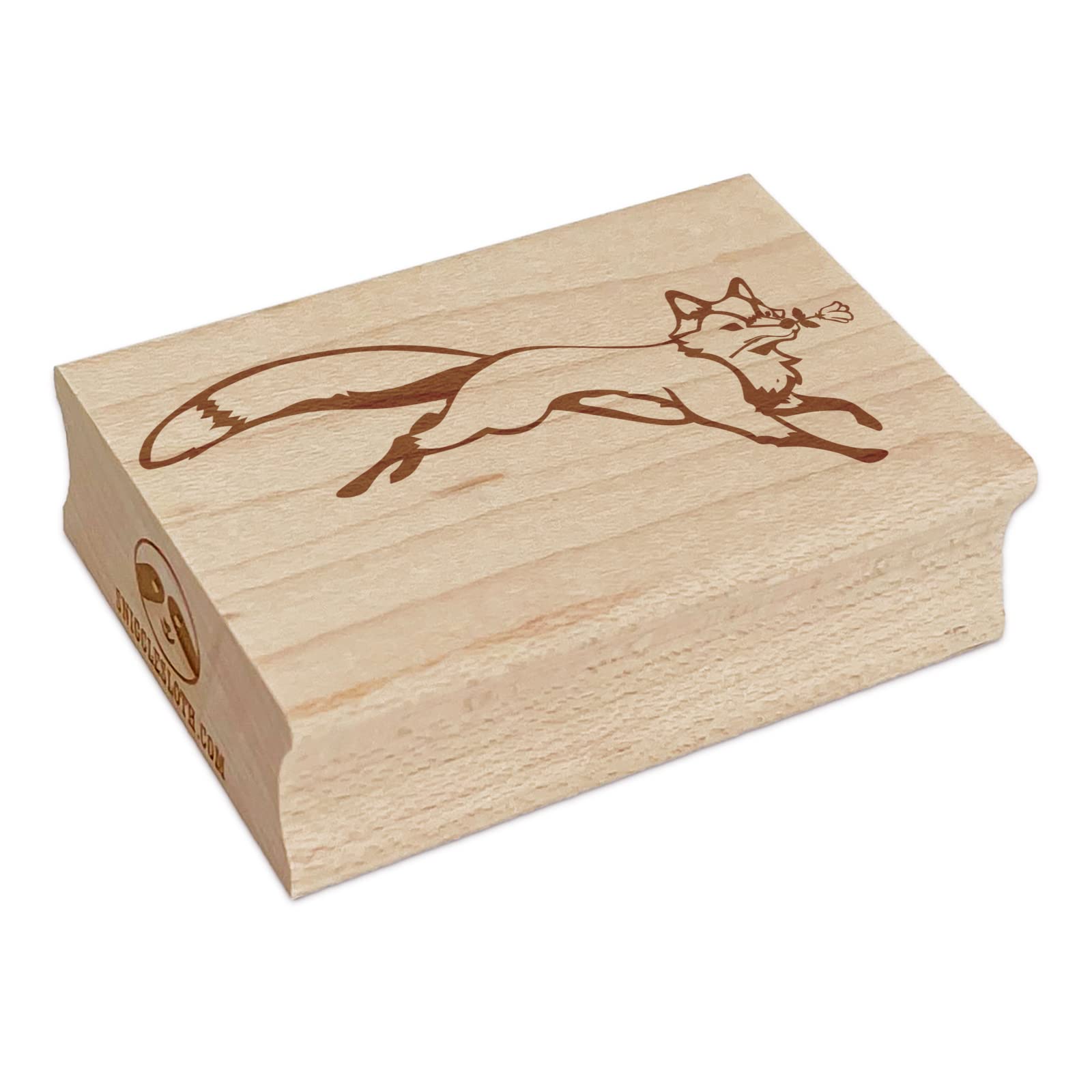 Romantic Leaping Fox with Flower in Mouth Rectangle Rubber Stamp for Stamping Crafting - 1.7in Small
