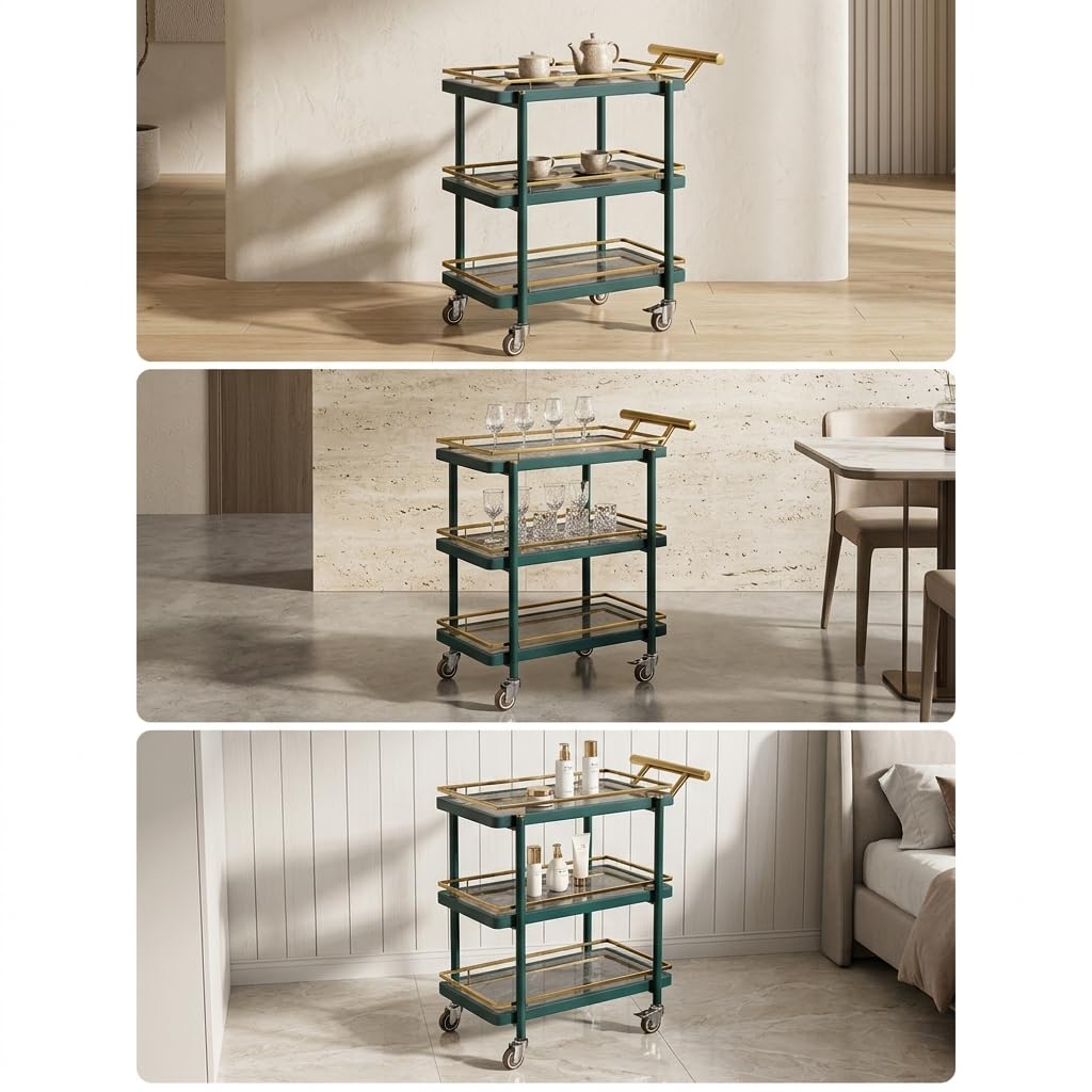 Carrito Auxiliar con Ruedas Silenciosas, Camarera Servicio 3 Niveles, Mueble y Vidrio, Verde Oscuro