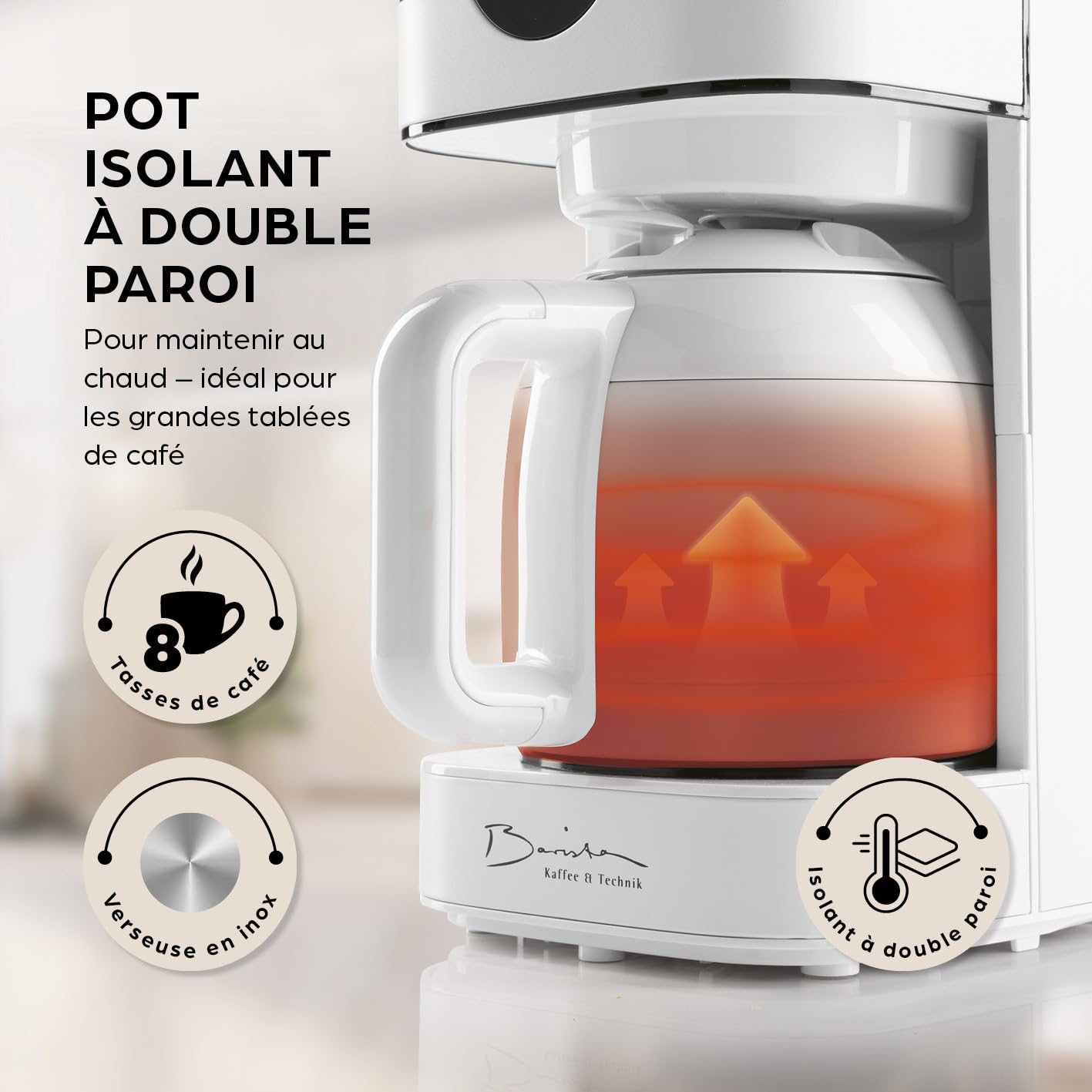 Barista Machine à café filtre avec verseuse isolante | Machine à café filtre avec écran tactile & fonction minuterie | Avec filtre permanent & 900W | Réservoir d'eau de 1,25 litre pour 8 tasses
