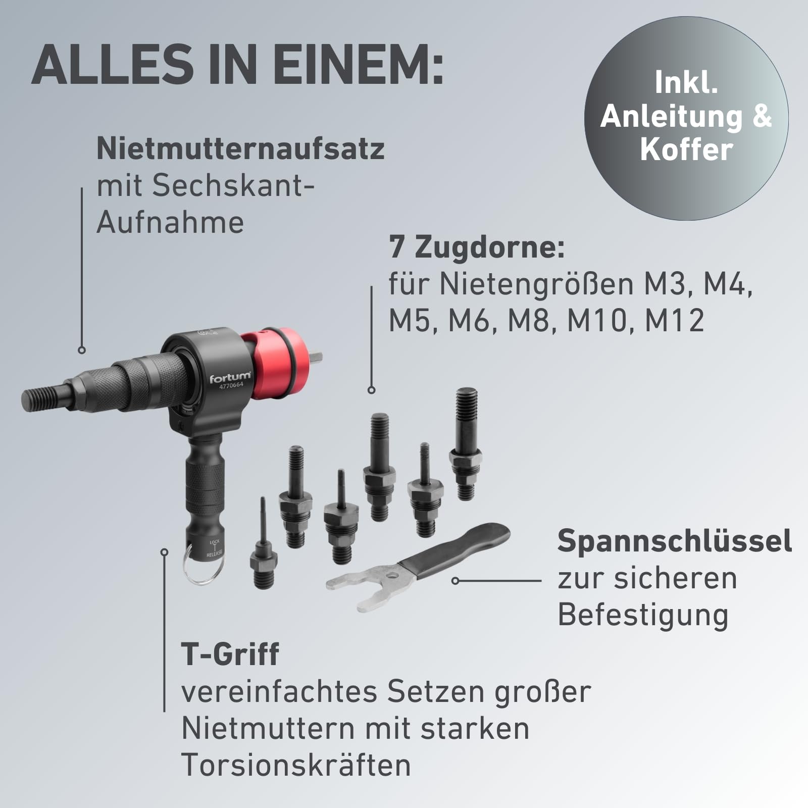 Nietmmutternaufsatz für Akkuschrauber & Bohrmaschine I Nietgerät für Nietmuttern aus Alu, Stahl & Edelstahl I Blindnietvorsatz für M3-M12 Muttern I Nietpistole Adapter