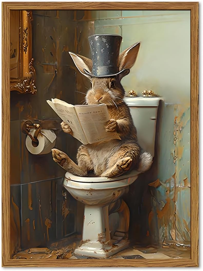 Framed Funny Bathroom Rabbit Wall Art, Vintage Easter Bunny Reading Newspaper on Toilet Pictures Wall Decor, Whimsical Animal Paintings Canvas Prints Farmhouse Home Decor for Restroom 16×24 inch