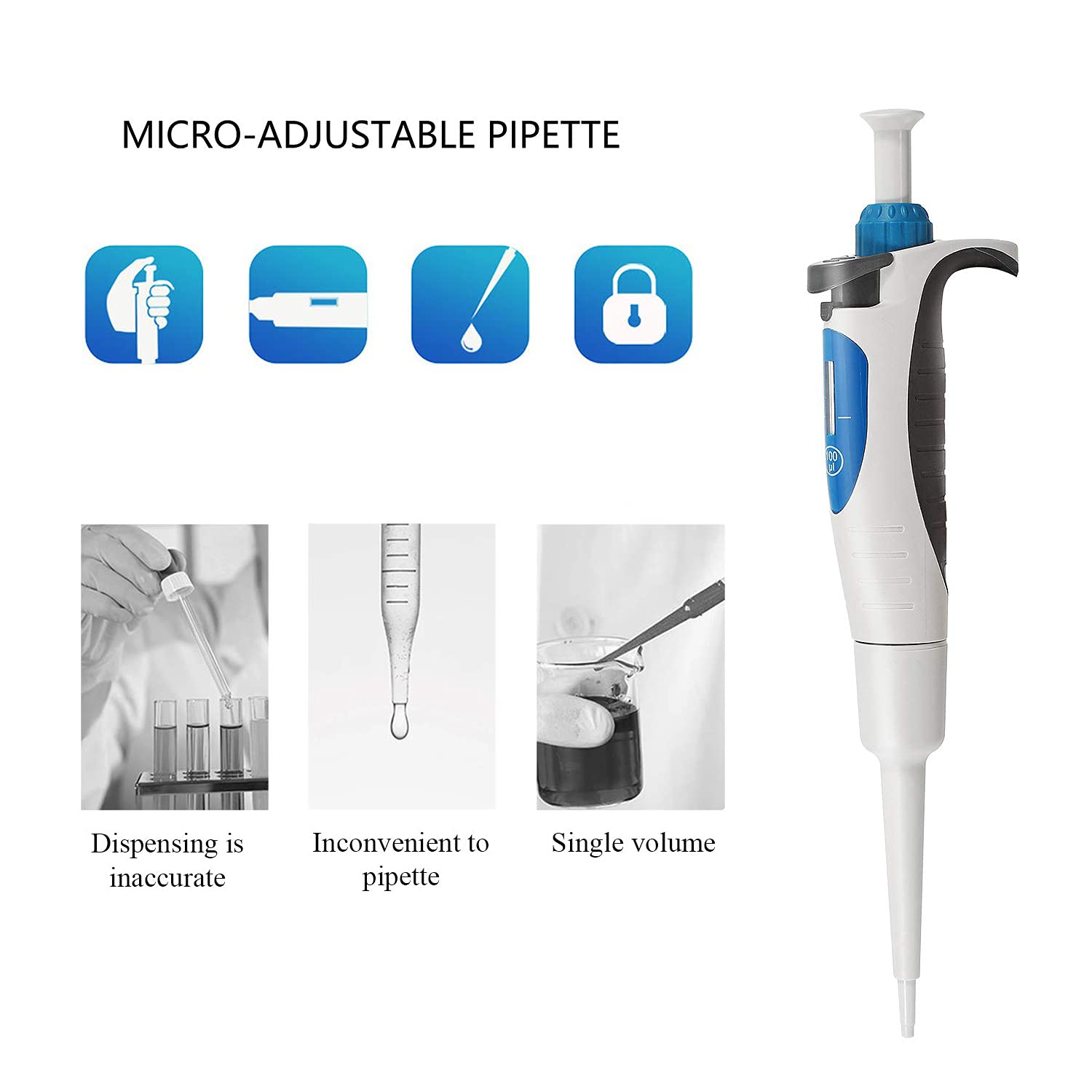 Micropipeta de laboratorio Micropipeta ajustable manual Pipetas monocanal con pantalla de cuatro dígitos Pipeteador esterilizable en autoclave (10-100μl)