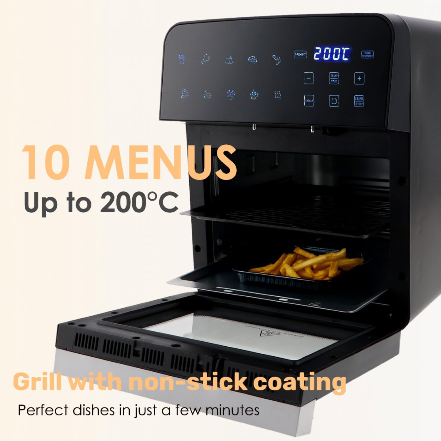M mimotec – Air Fryer Vera Touch 10L, Freidora de Aire sin Aceite, 1800W, 10 Menús Digitales, Pantalla Táctil, Función Grill, Temporizador regulable, 2 niveles, Temperatura 80-200°C, Cocina Saludable