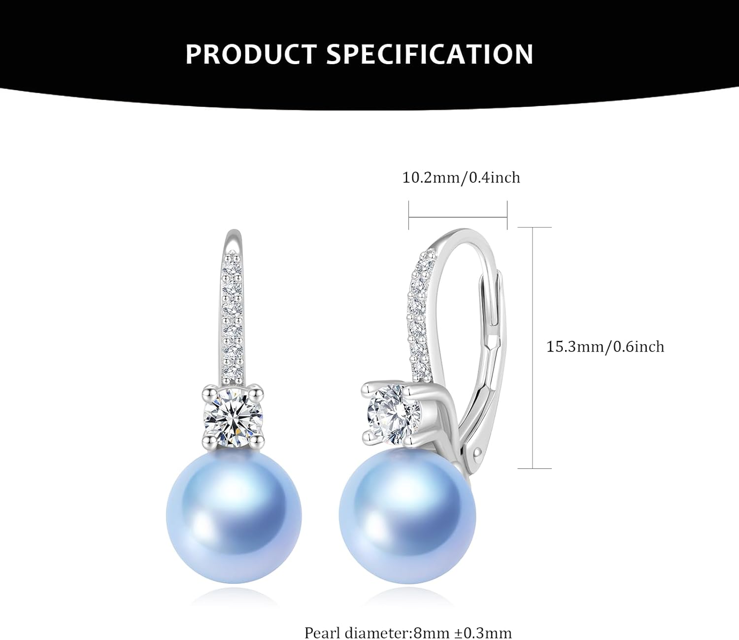 Pearl Drop Dangle Earrings 925 Sterling Silver Cubic Zirconia Leverback Earrings, 8MM Round White/Black/Blue Cultured Pearls Jewelry Gifts for Women Wife Mother - Image 5