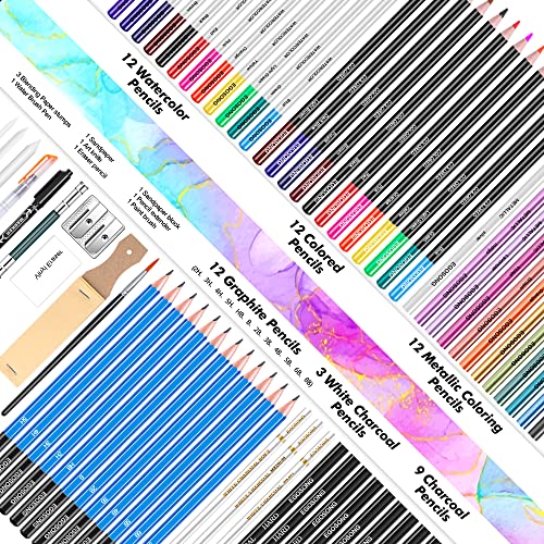 Egosong DP-73 Drawing Set Sketching Kit,Pro Art Sketch Supplies With 3-Color Sketchbook,Tutorial,Graphite,Colored,Charcoal,Watercolor,Metallic Pencils For Artists Adults Teens Beginners thumb #2