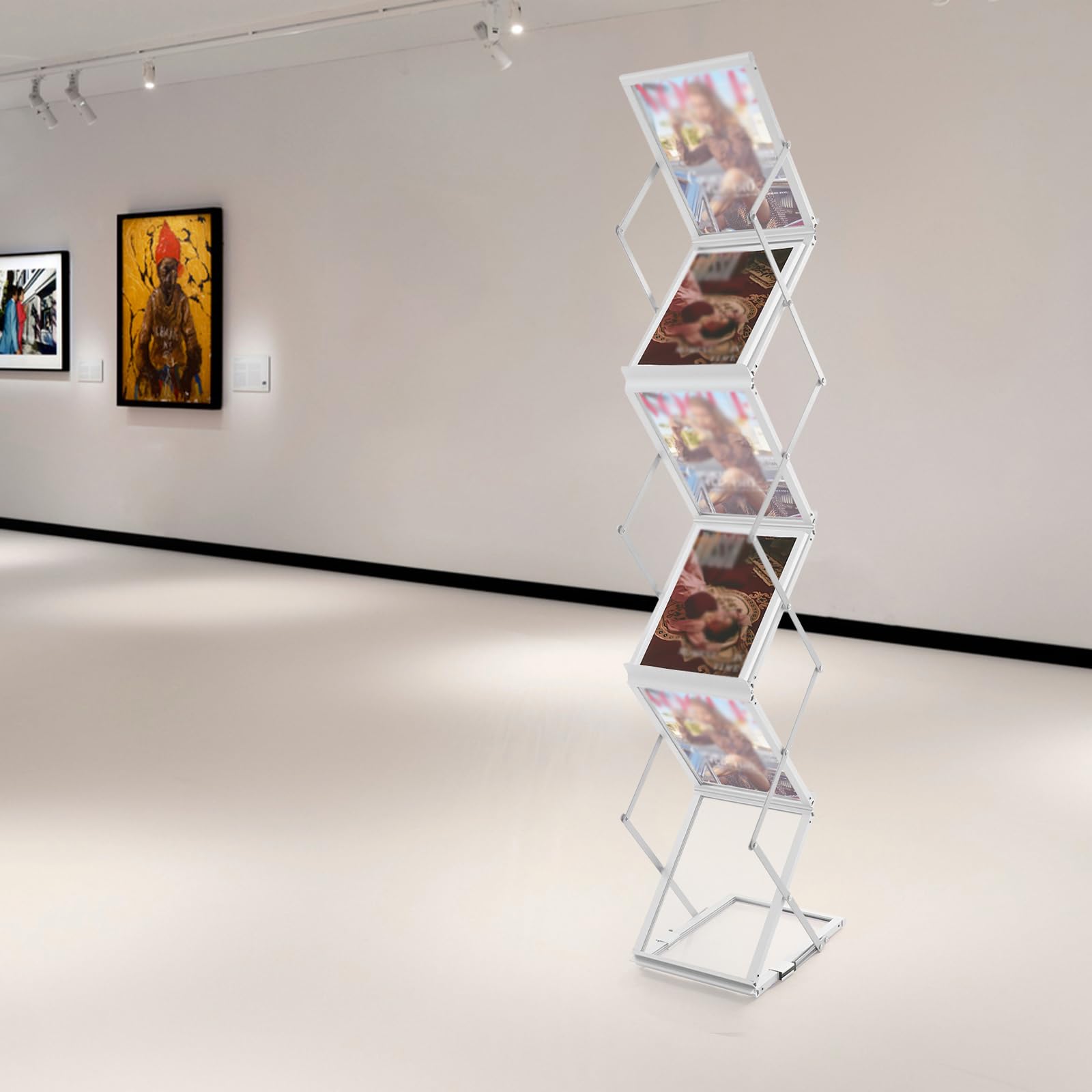 Plegables Soporte para Folletos A4, en Aluminio y Acrílico, 150 cm de Altura, 6 Paneles Expositor Revistas De Pie, con Prolongación y Almohadilla Antideslizante, para Publicidad Comercial
