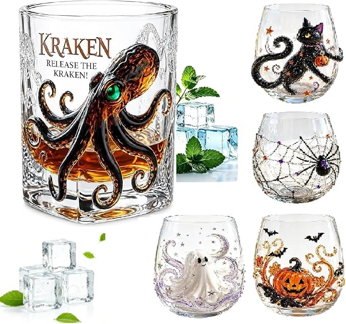 Halloween Stemless Wine Glasses, Kraken Rum Glass Octopus,Rocks Glass for Bourbon Scotch Cocktail, Cute Pumpkin,Spider & Spooky Ghost Theme Halloween Thanksgiving Birthday Gift for Men (Octopus)