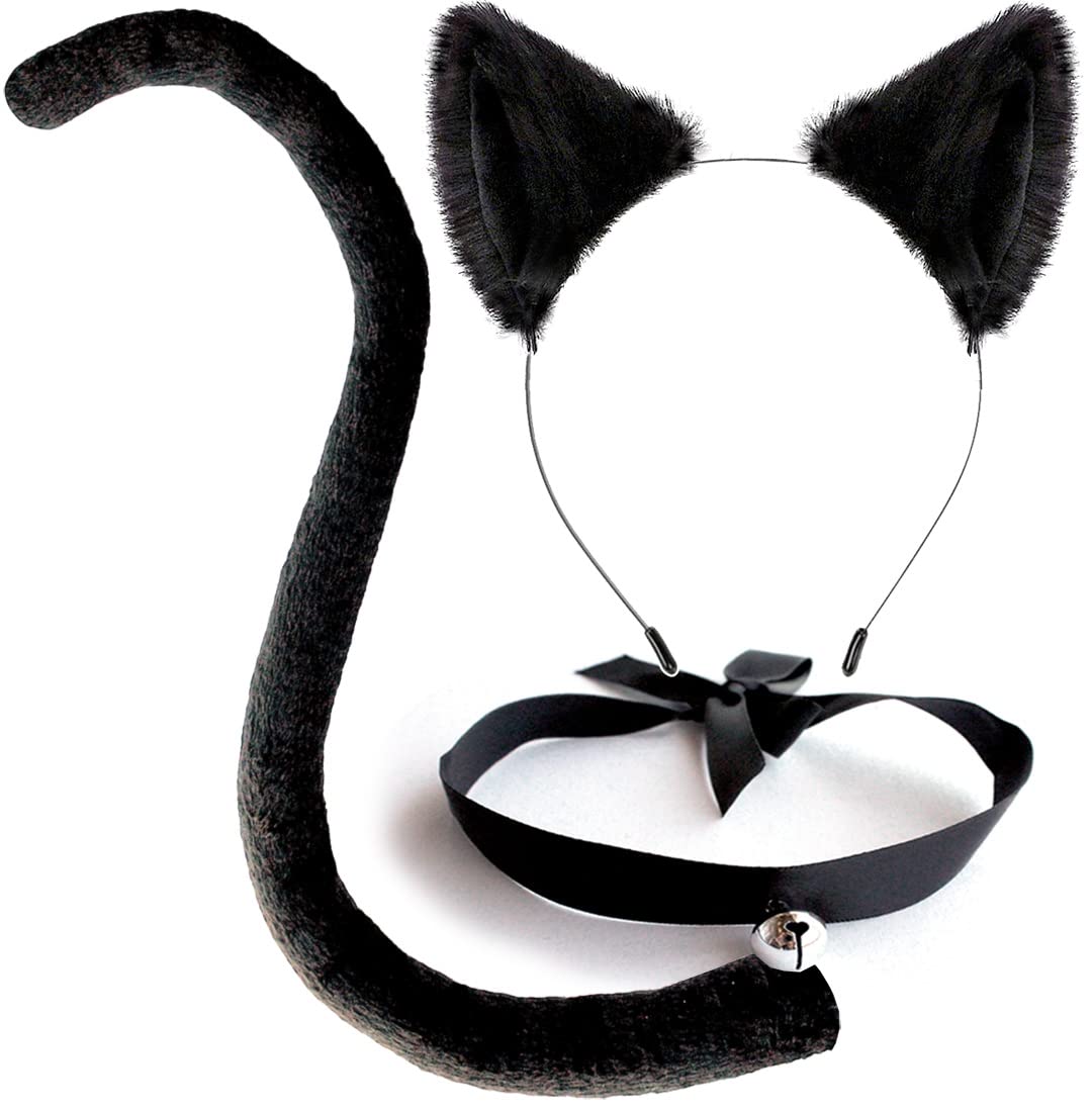 Cat Ears and Tail Costume Accessories Anime Ear Clips Headband Black Tail Long/Sexy Choker for Cosplay Cat Costume Set Animal Ears Hair Clip for Women, Halloween, Neko Accessory Kit