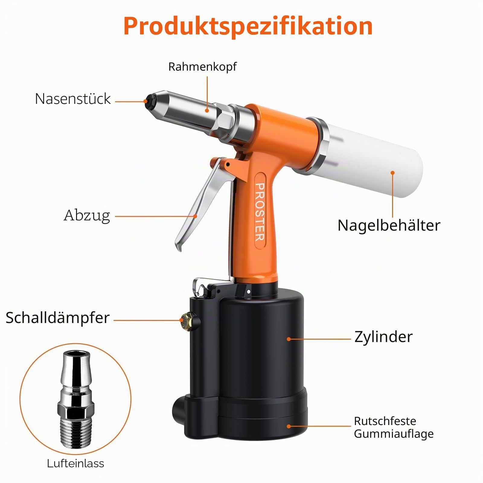 Proster Druckluft Nietzange Nietpistole Blindnietpistole mit 500PCS Nieten, mit 4 Mundstücke 2.4mm, 3.2mm, 4mm, 4.8mm, DIY Werkzeugsatz für Heimwerker & Industrie