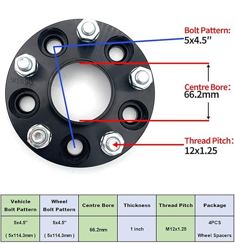 Miniatura 2 de Espaciadores de rueda de 5 x 4.5 de 1 pulgada y 2.606 in de orificio de cubo de 12 x 1.25 pernos 5x114.3 adaptadores de rueda compatibles con G35