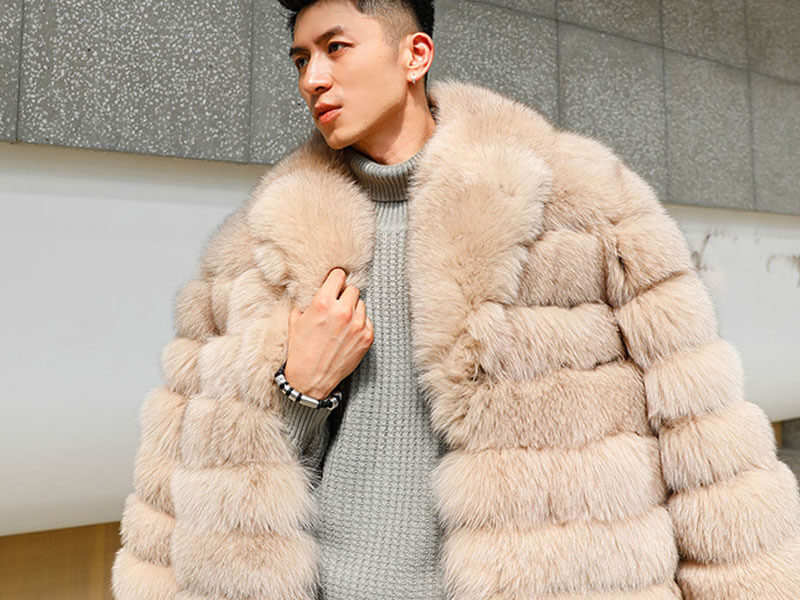 Denny&Dora Men's Fox Fur Coat - Long Style Fox Fur Jacket Apricot