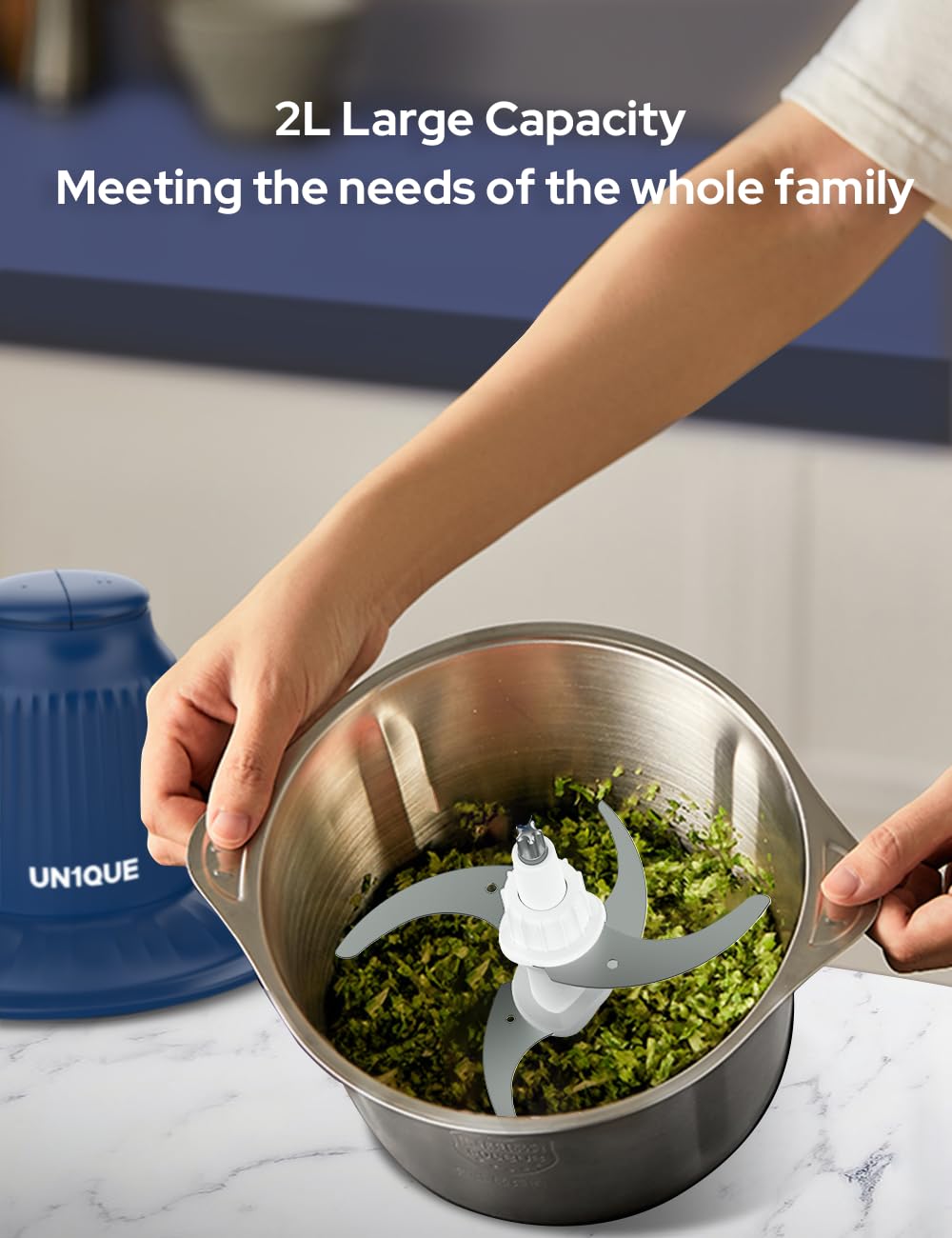 UN1QUE Electirc Chopper for Kicthen, Meat Grinders, 2 Speed Modes, One Touch Operation, 304 Stainless Steel Bowl Food Processor with Egg Whisk & Egg Beater, for Vegetables, Meat, Onion, Garlic, Mince 3