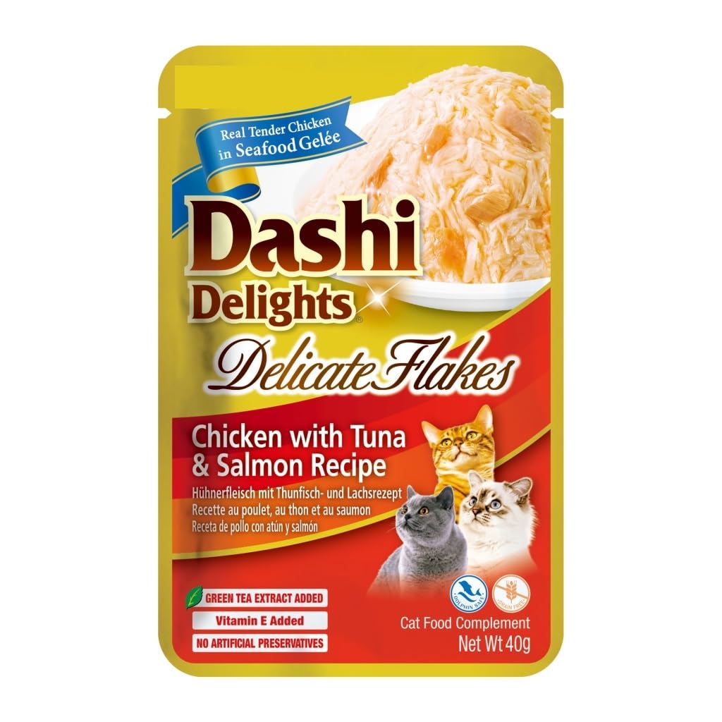 Comida Húmeda para Gato Dashi Delicate | Alimento Complementario | Altamente Hidratante | 12 x 40 Gr | Varios Sabores | (12x40Gr, Pollo, Atún Y Salmón)