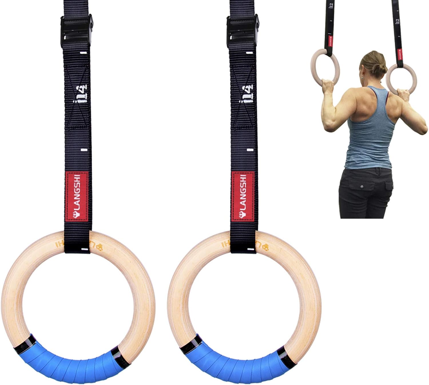 LANGSHI Wooden Gymnastic Rings with Buckles Straps Exercise Gym Rings Athletic Rings for Muscle Building, Ab Workout, Strength Training, Upper Body Strength, Suspension Training : Sports & Outdoors