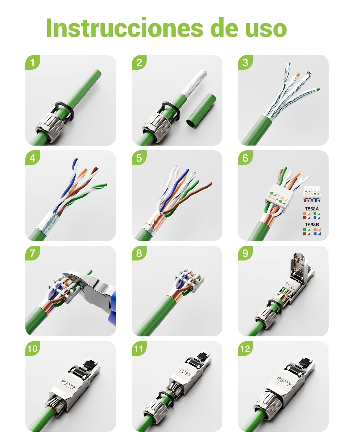 Blindado RJ45 Conector CAT 7 sin Herramienta, 10Gbps/600MHz, Dorado Conectores RJ45 POE Para cables de instalación Cat7 Cat6A, Conector LAN Cat7 sin Herramienta, reutilizable, 2 Unidades