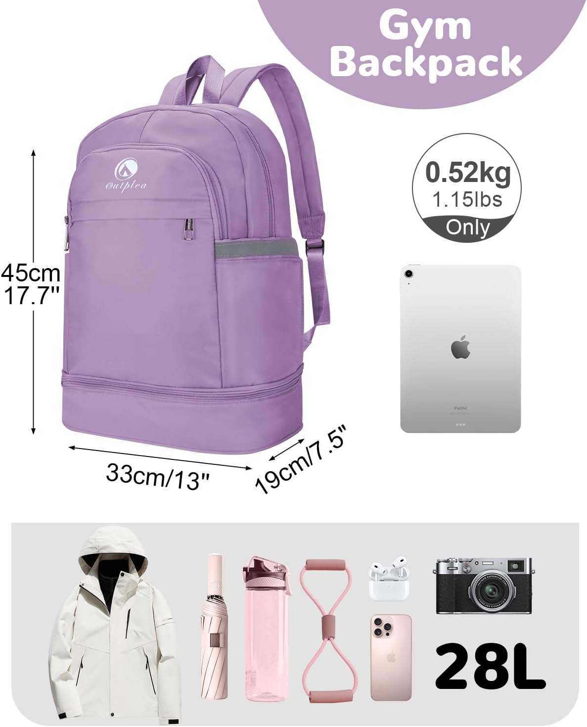 28L Small Gym Backpack with Shoe Compartment for Women, Waterproof Sports Backpack with Wet Pocket, Purple
